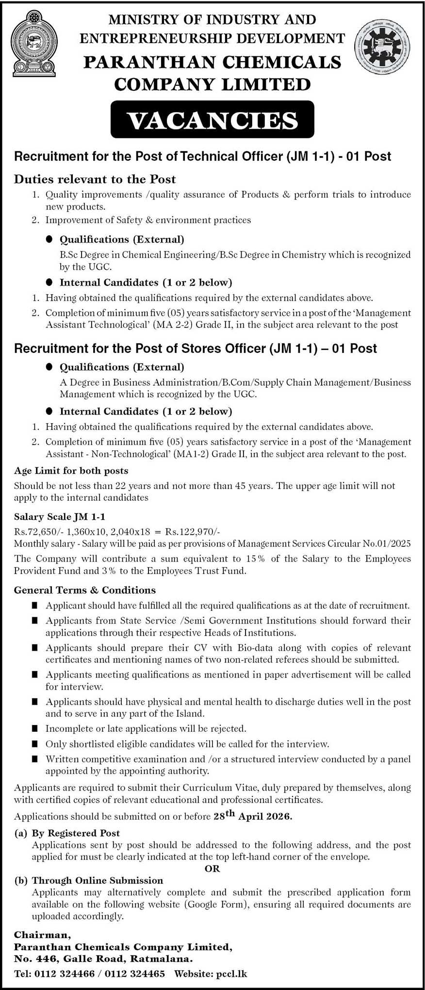 Technical Officer, Store Officer - Paranthan Chemicals Company Limited