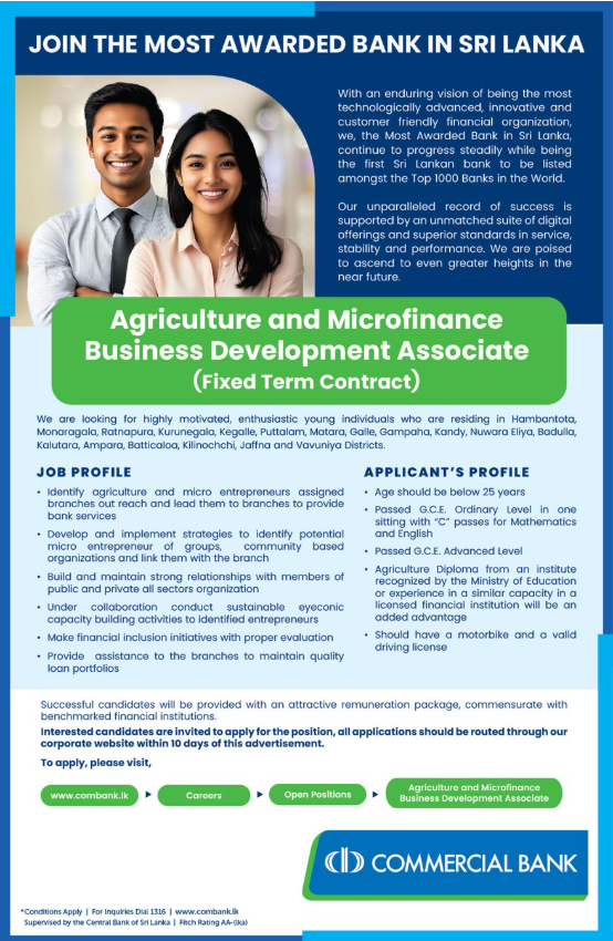 Agriculture and Microfinance Business Development Associate - Commercial Bank of Ceylon PLC