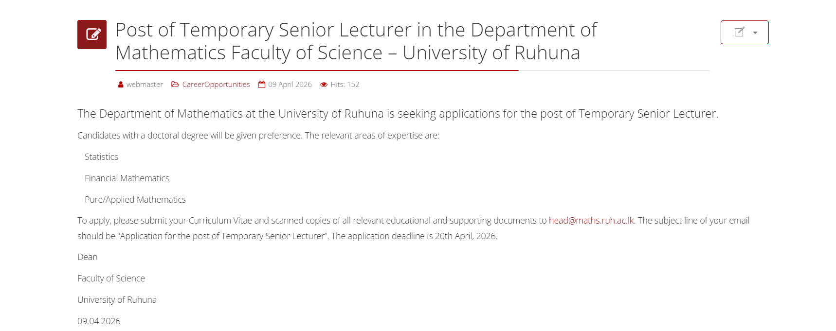 Senior Lecturer - University of Ruhuna