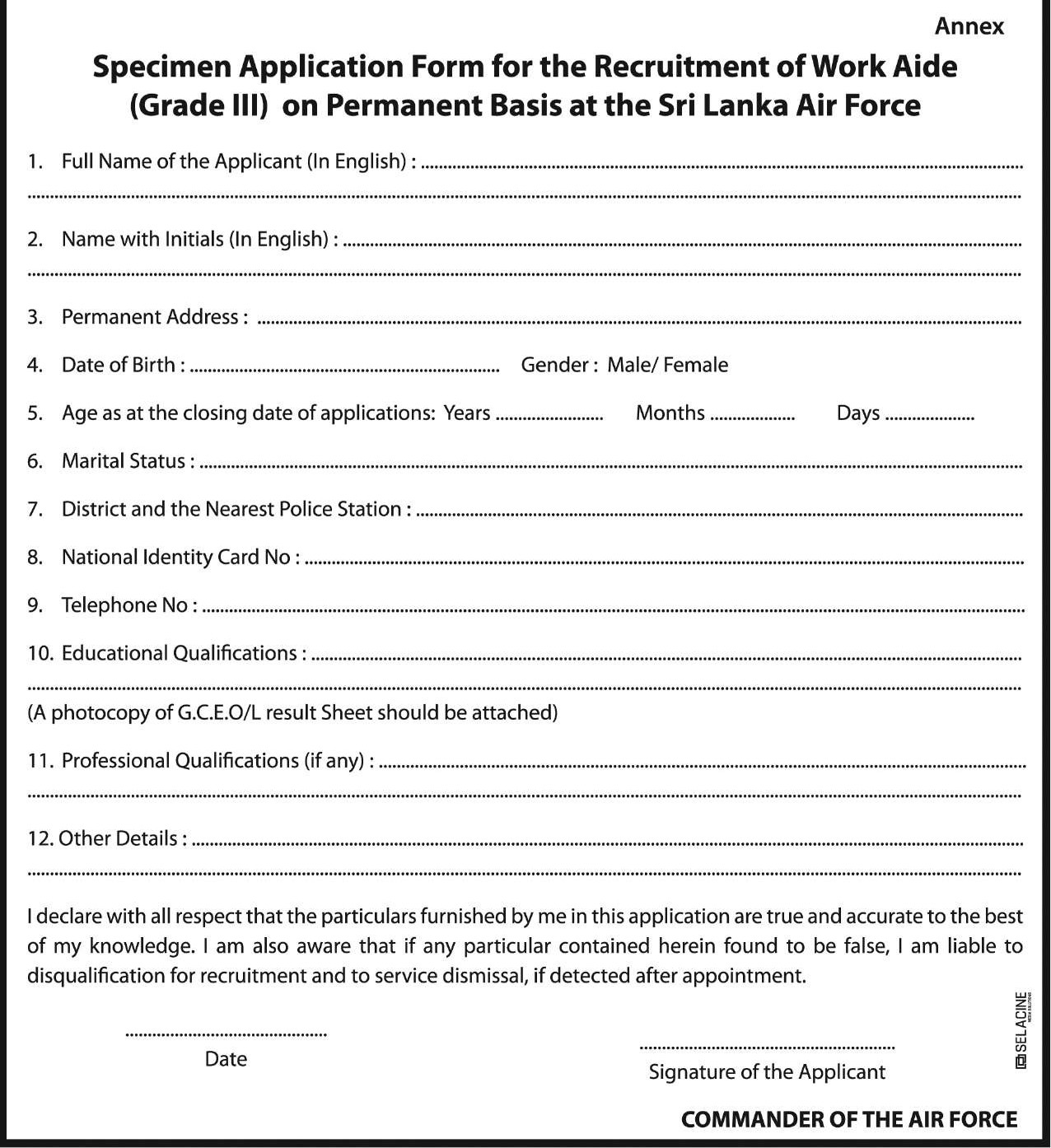 Work Aide - Sri Lanka Air Force