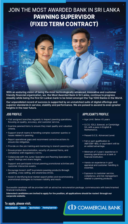Pawning Supervisor - Commercial Bank of Ceylon PLC