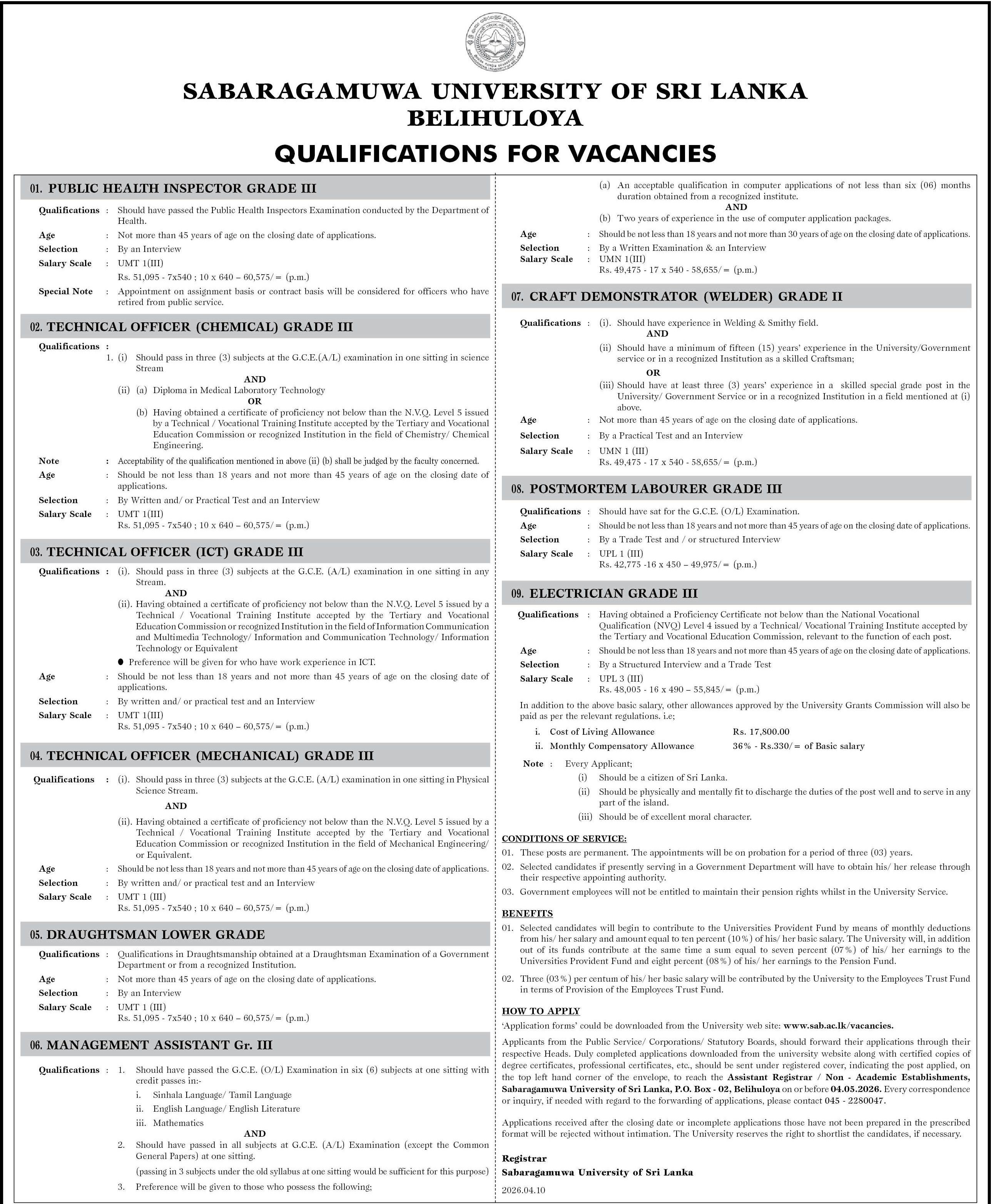 Management Assistant, Technical Officer, Electrician - Sabaragamuwa University of Sri Lanka