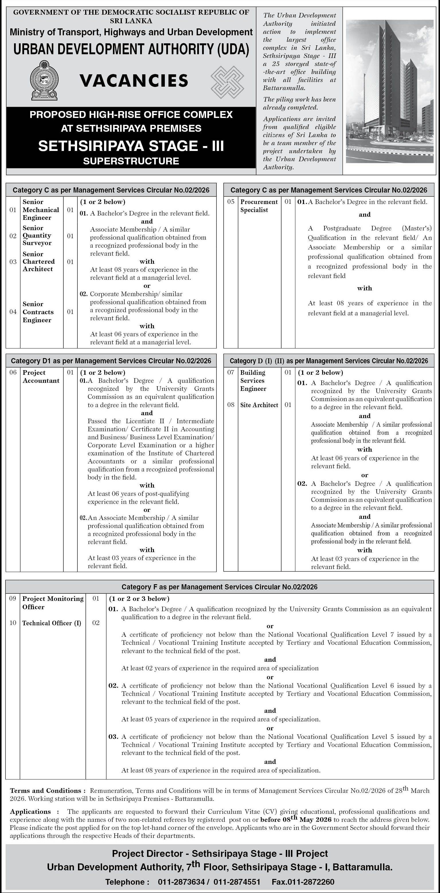 Senior Mechanical Engineer, Senior Quantity Surveyor, Project Accountant - Urban Development Authority