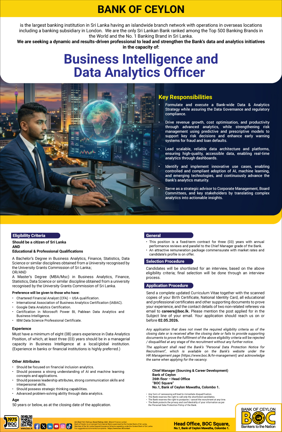 Business Intelligence & Data Analytics Officer - Bank of Ceylon