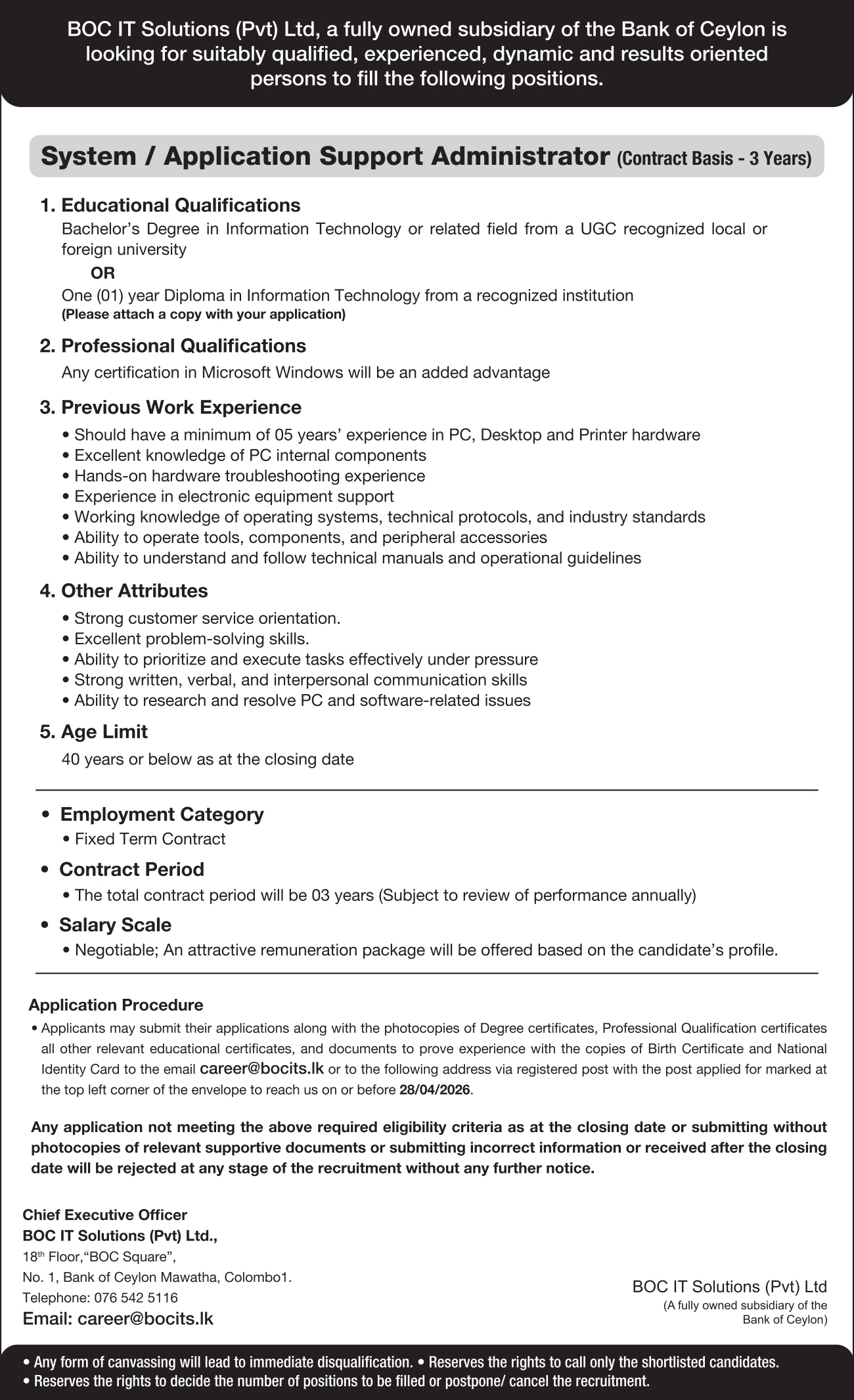 System & Application Support Administrator - BOC IT Solutions Pvt Ltd