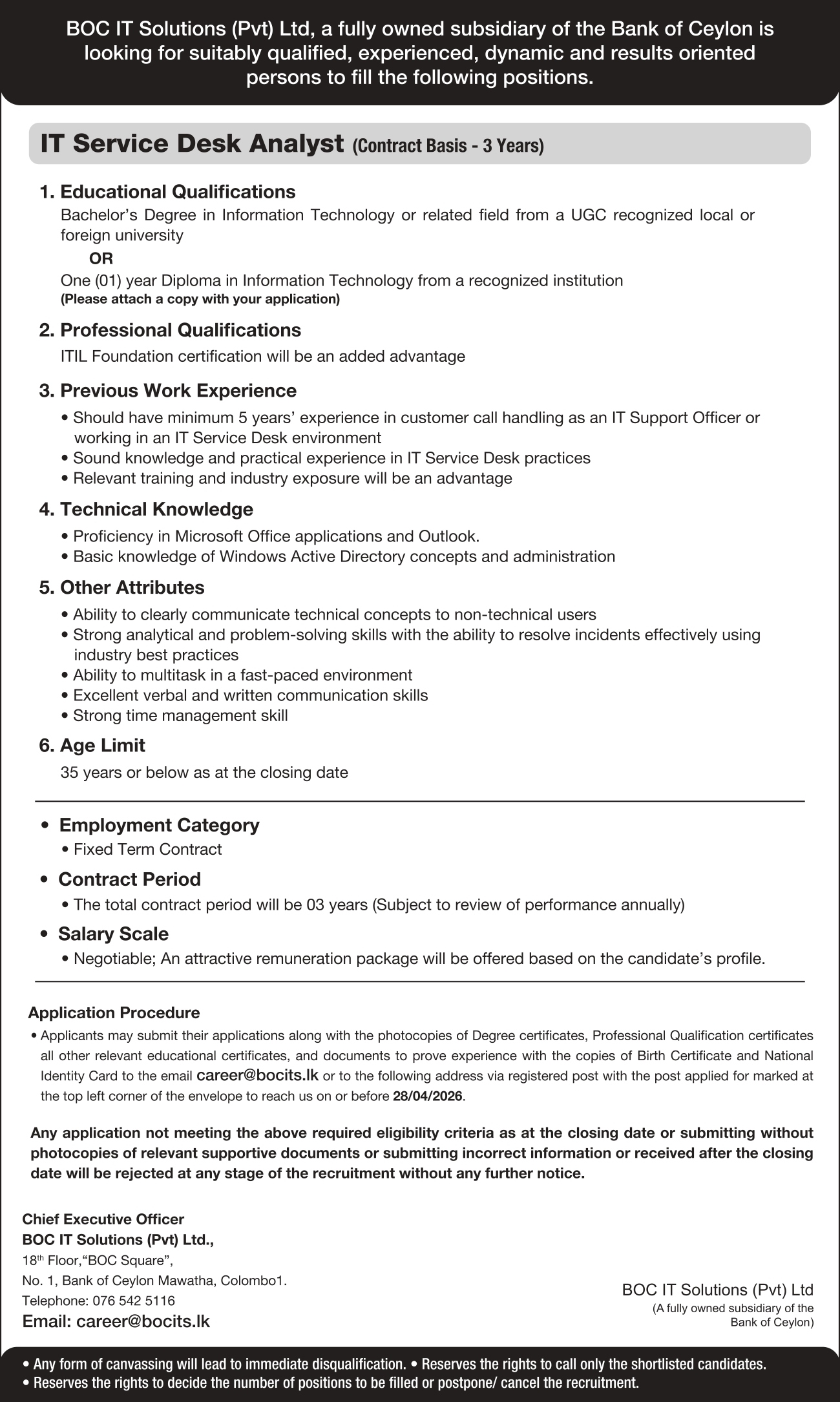 IT Service Desk Analyst - BOC IT Solutions Pvt Ltd