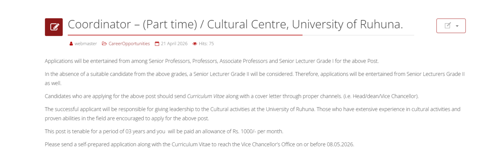 Coordinator - University of Ruhuna