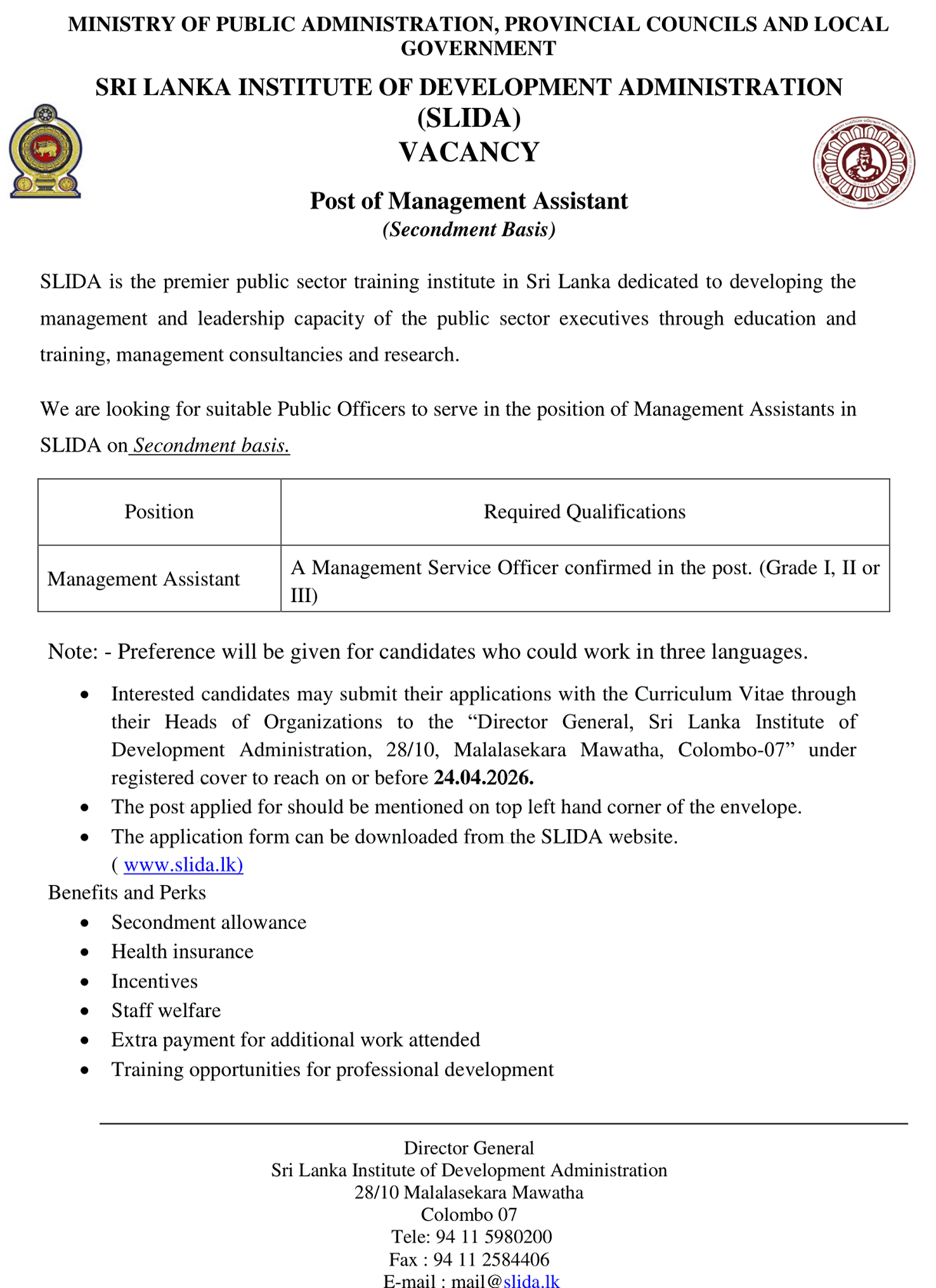 Management Assistant - Ministry of Public Administration, Provincial Councils and Local Government