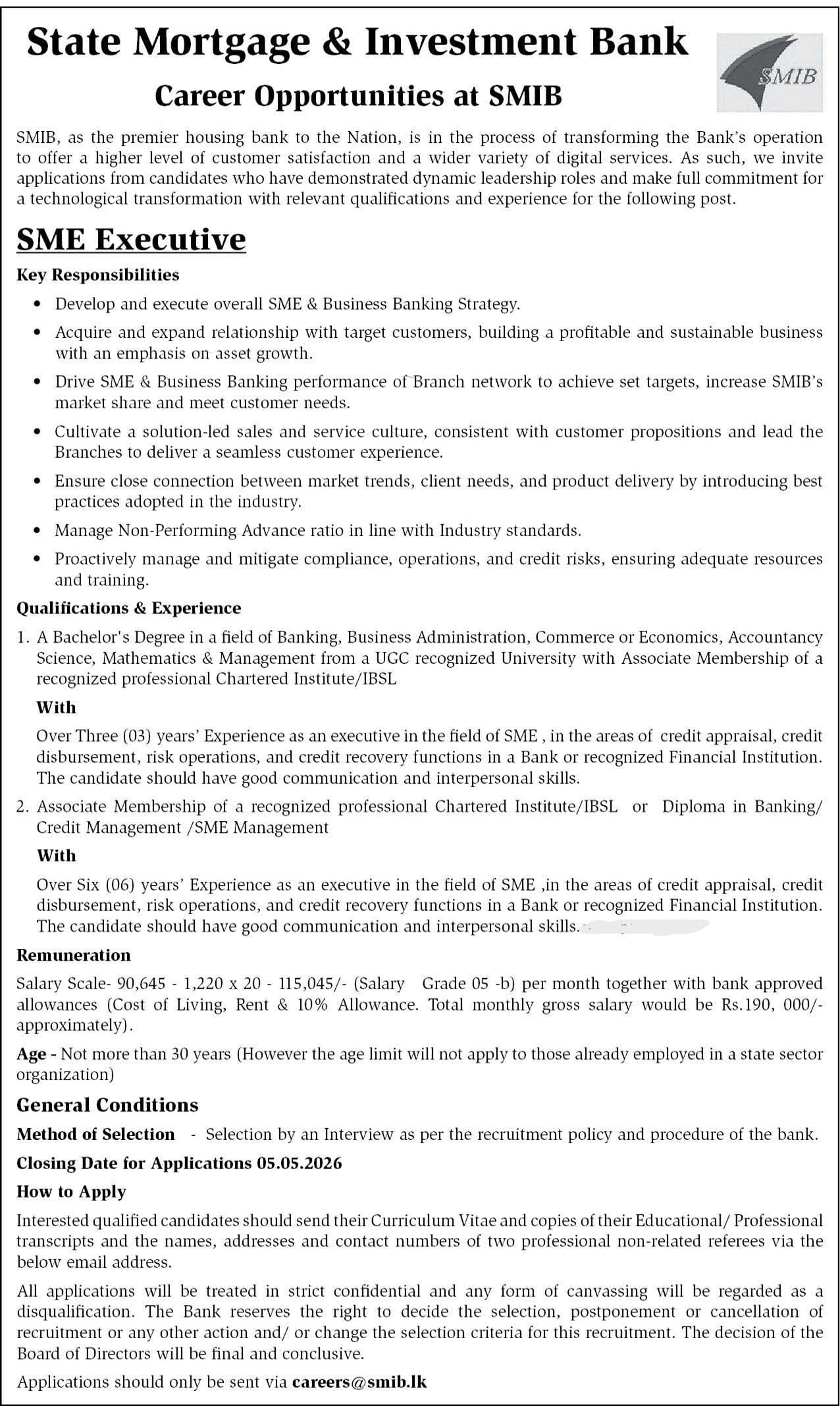 SME Executive - State Mortgage and Investment Bank