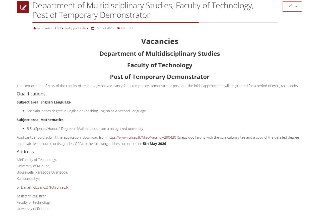 Demonstrator - University of Ruhuna