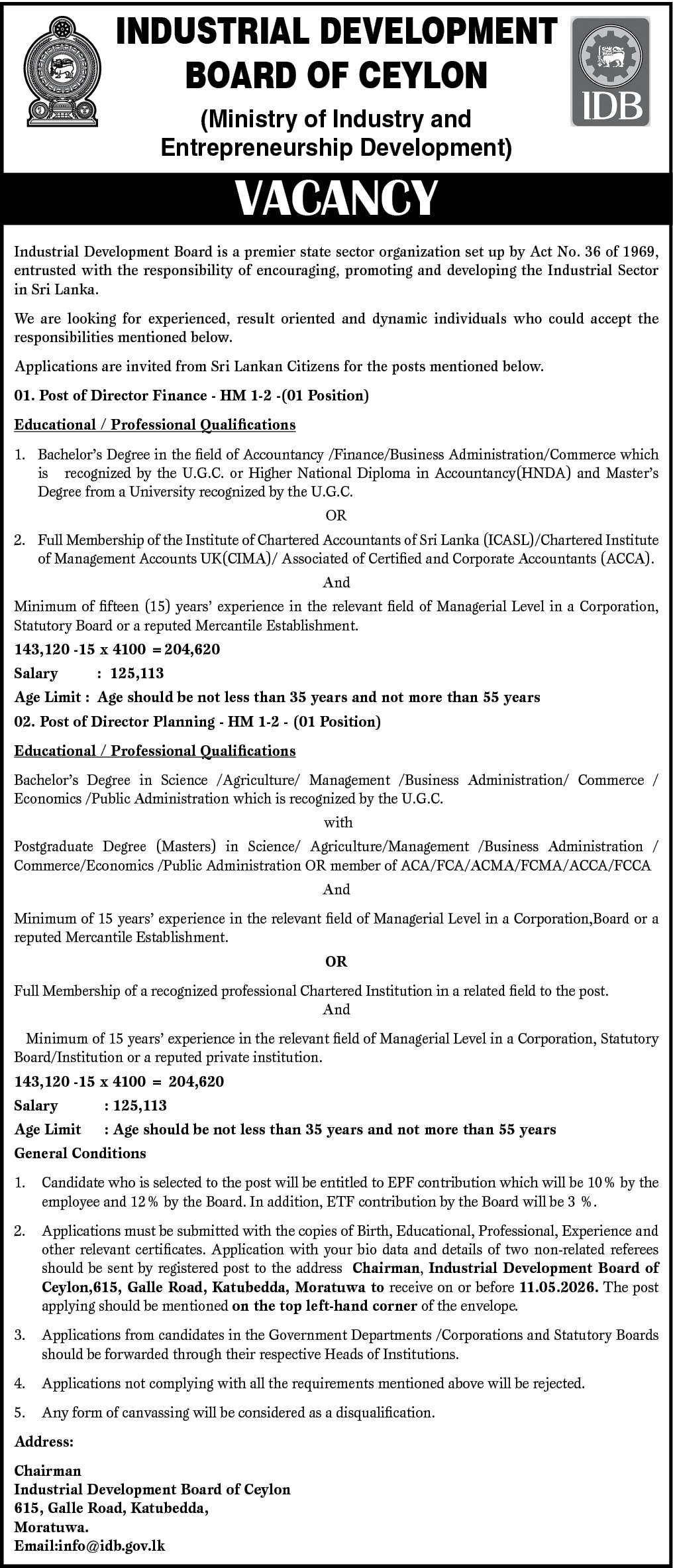 Director Planning, Director Finance - Industrial Development Board of Ceylon