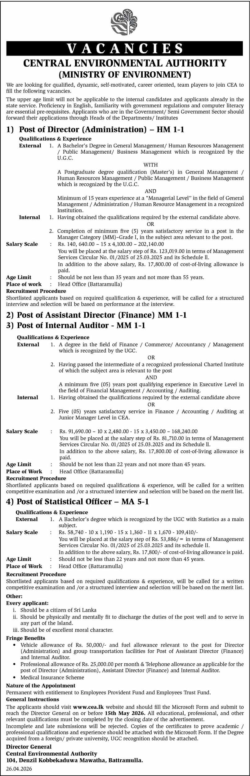 Director, Assistant Director, Internal Auditor - Central Environmental Authority