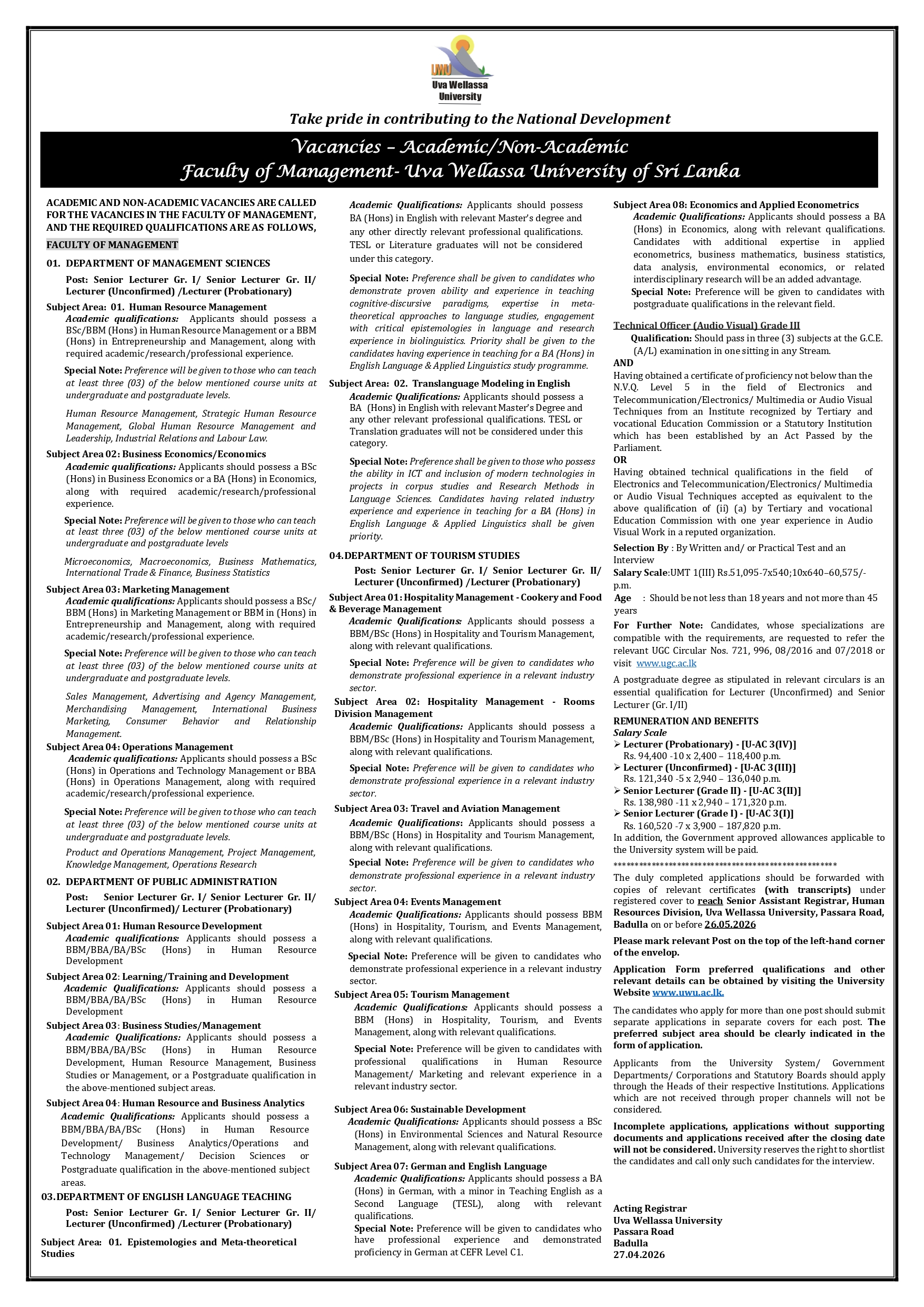 Lecturer, Senior Lecturer, Technical officer - Uva Wellassa University