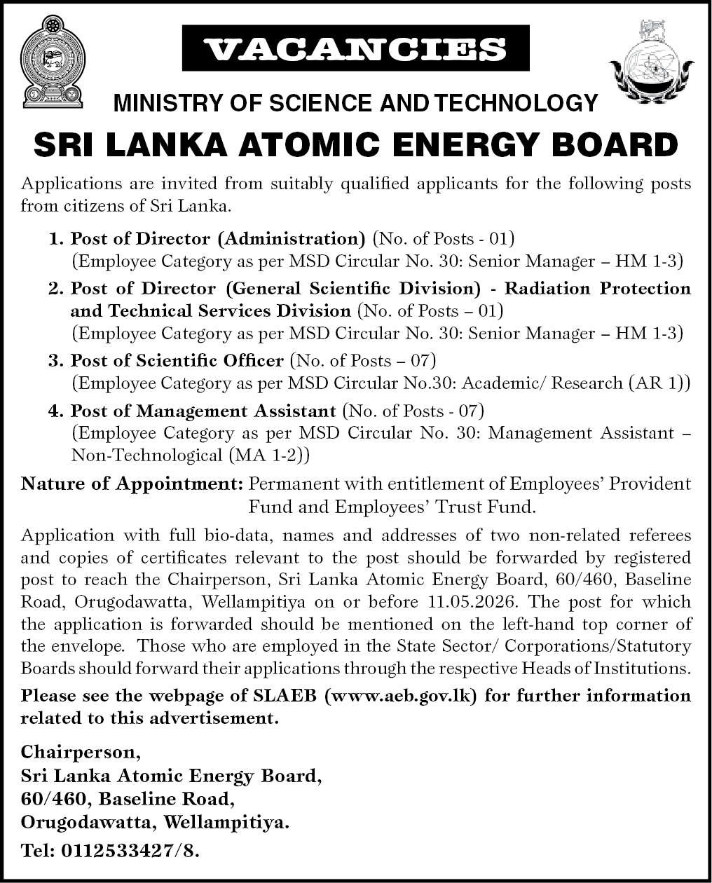 Management Assistant, Director, Scientific Officer - Sri Lanka Atomic Energy Board