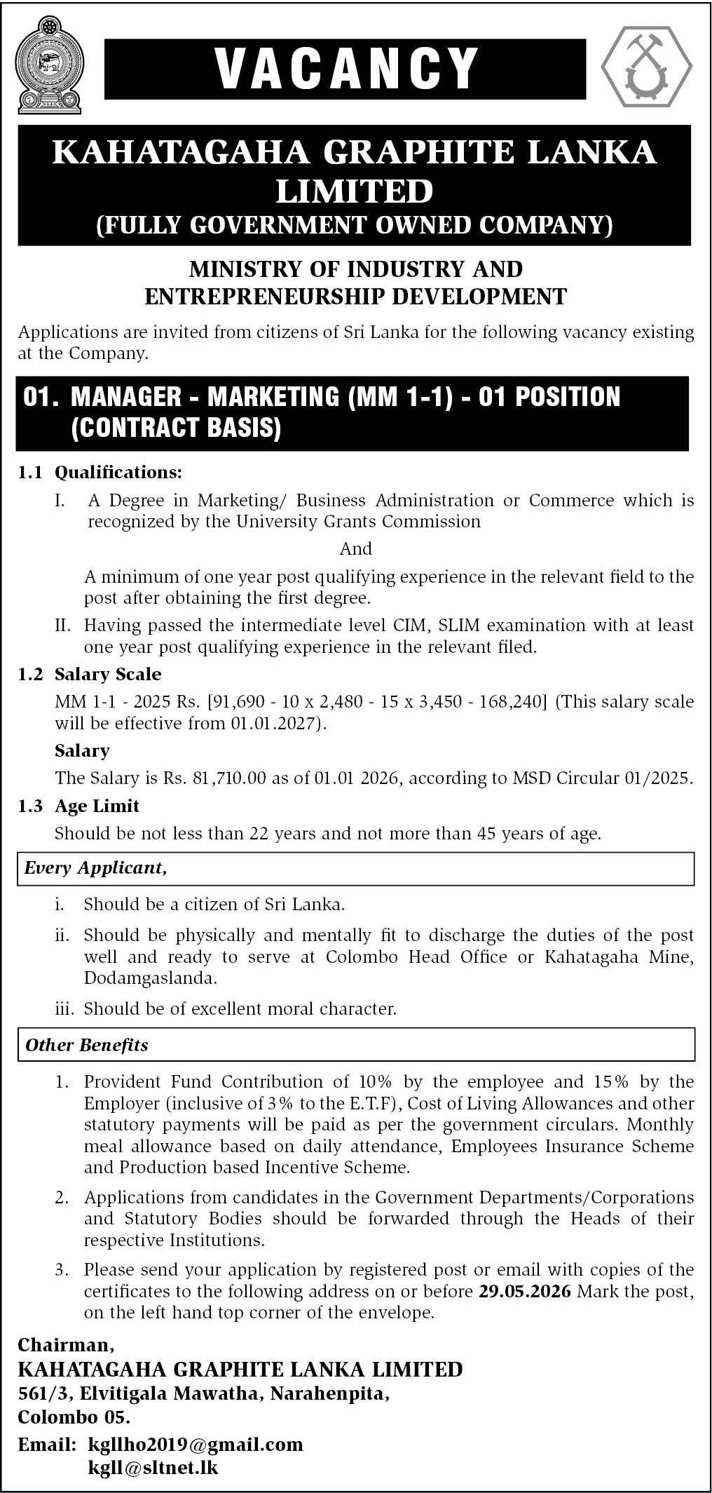Manager - Kahatagaha Graphite Lanka Ltd