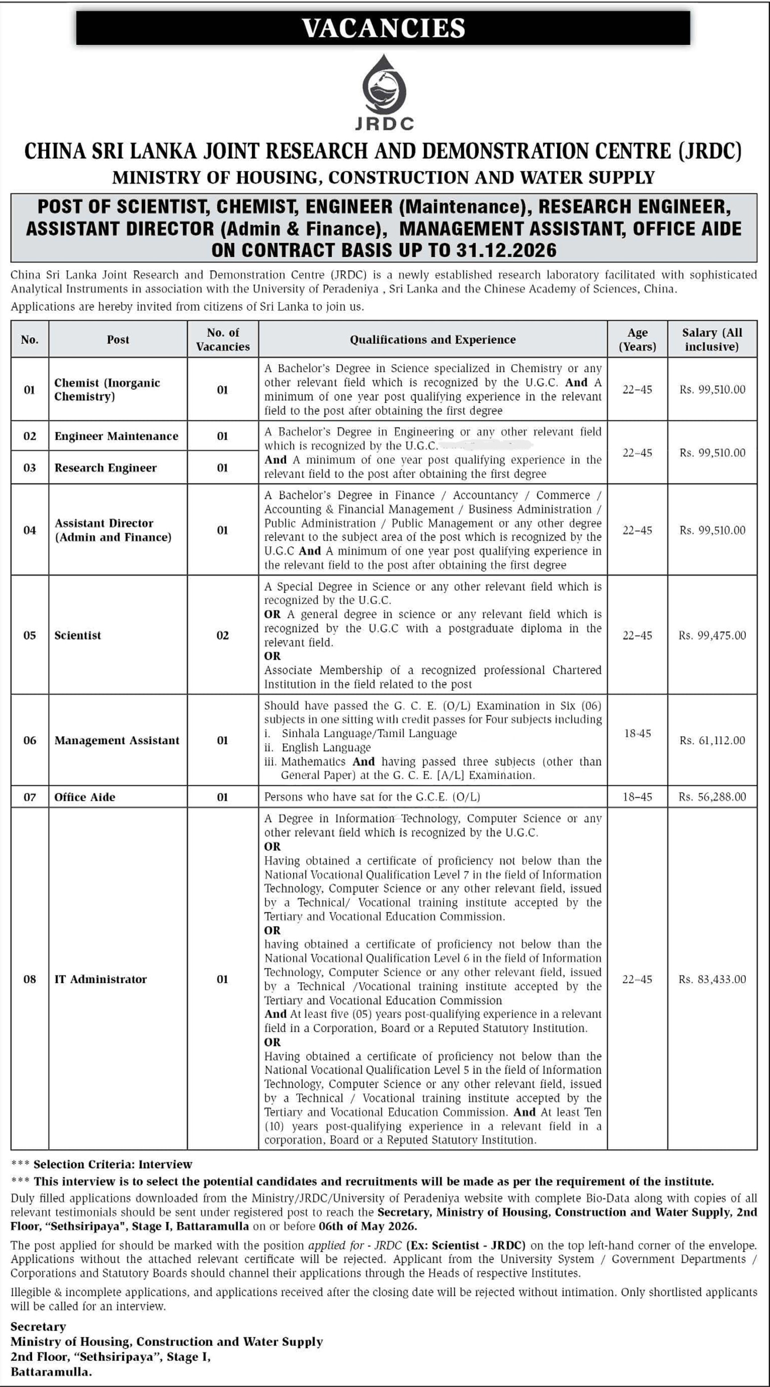 Management Assistant, Office Aide, Research Engineer - Ministry of Housing, Construction and Water Supply