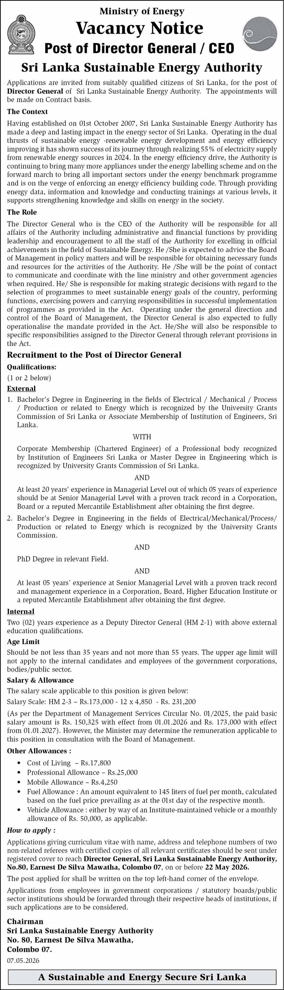 Director General - Sri Lanka Sustainable Energy Authority