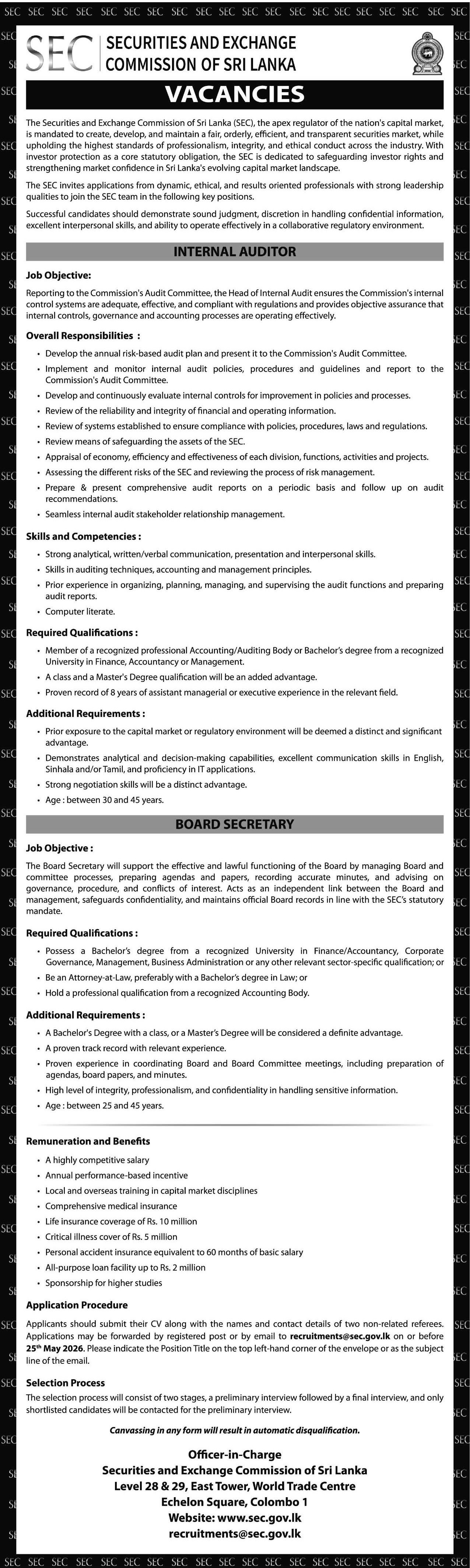 Internal Auditor, Board Secretary - Securities and Exchange Commission of Sri Lanka