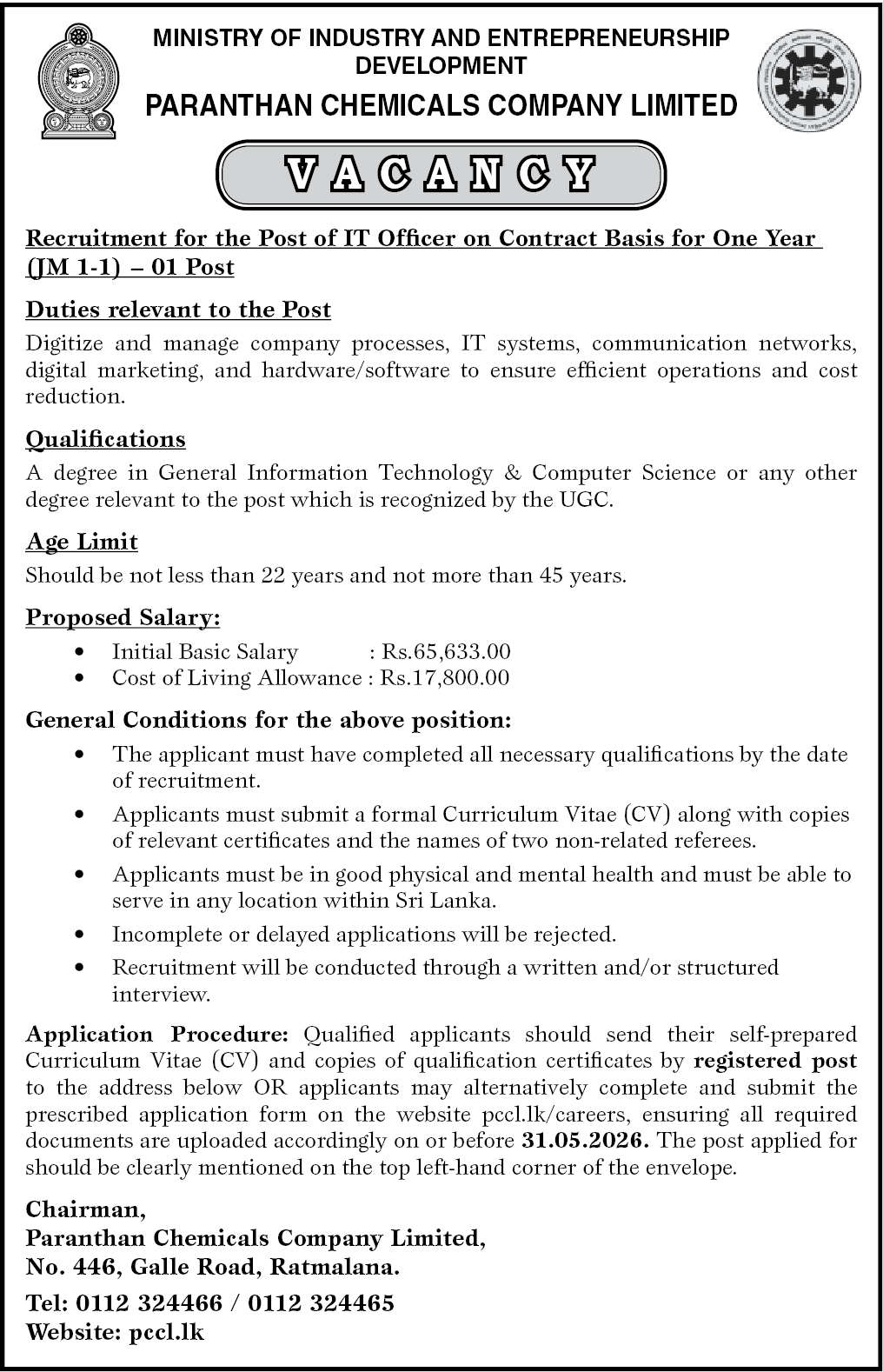 IT Officer - Paranthan Chemicals Company Limited