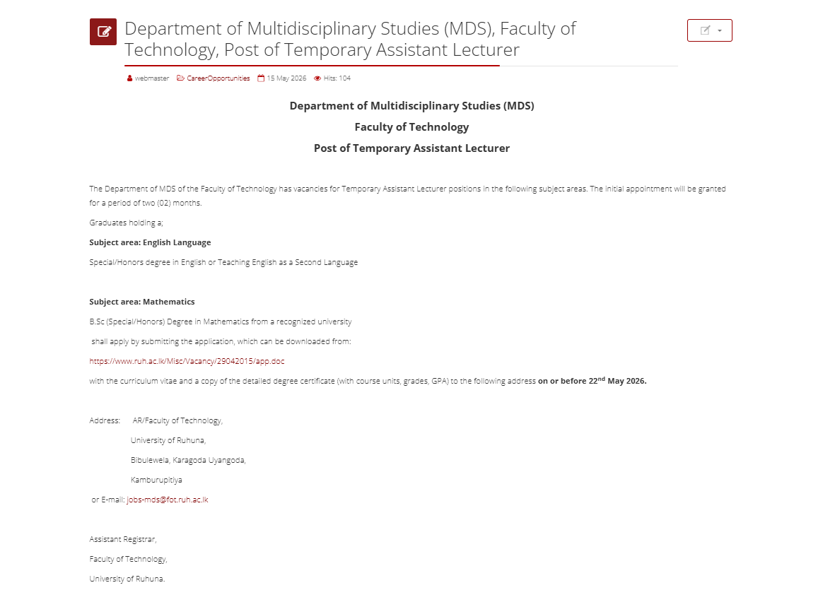Assistant Lecturer - University of Ruhuna