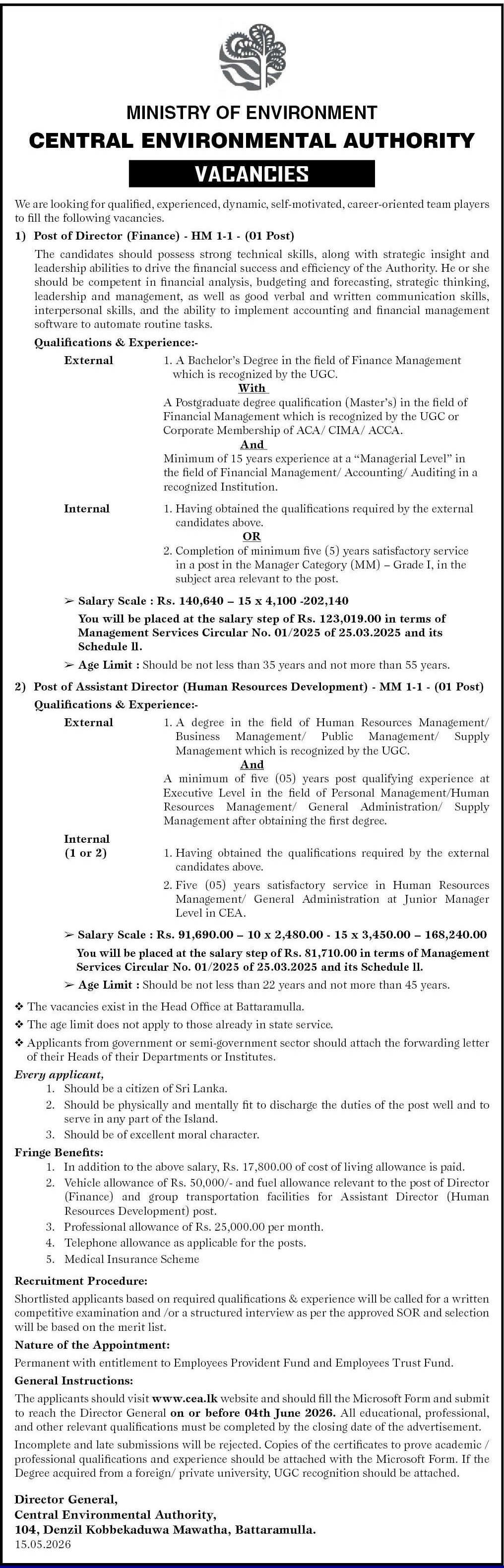 Director, Assistant Director - Central Environmental Authority