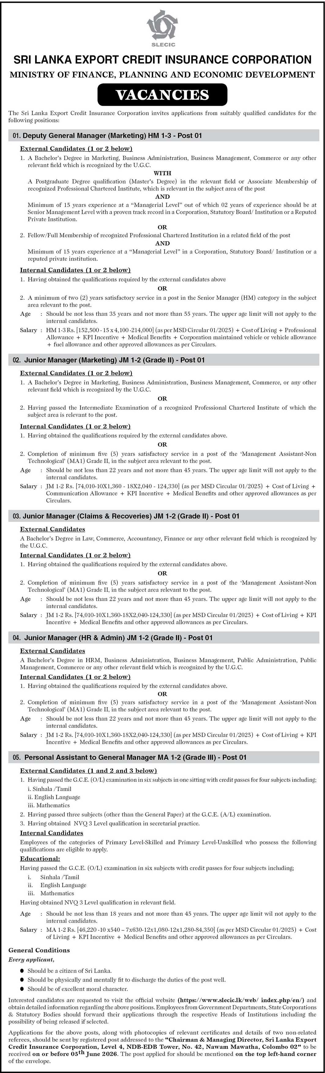 Deputy General Manager, Junior Manager, Personal Assistant - Sri Lanka Export Credit Insurance Corporation