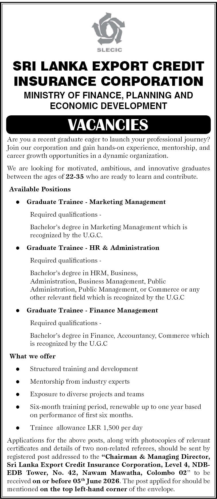 Graduate Trainee - Sri Lanka Export Credit Insurance Corporation