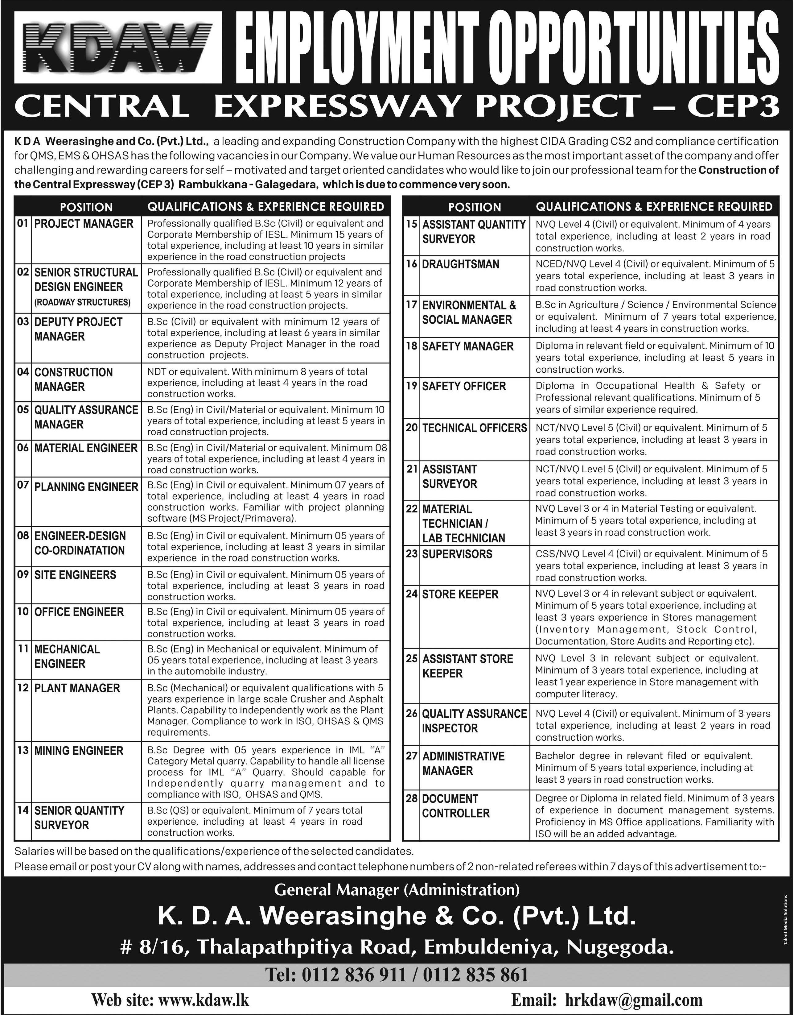 Project Manager, Plant Manager, Assistant Quantity Surveyor - K.D.A. Weerasinghe & Co. (Pvt) Ltd