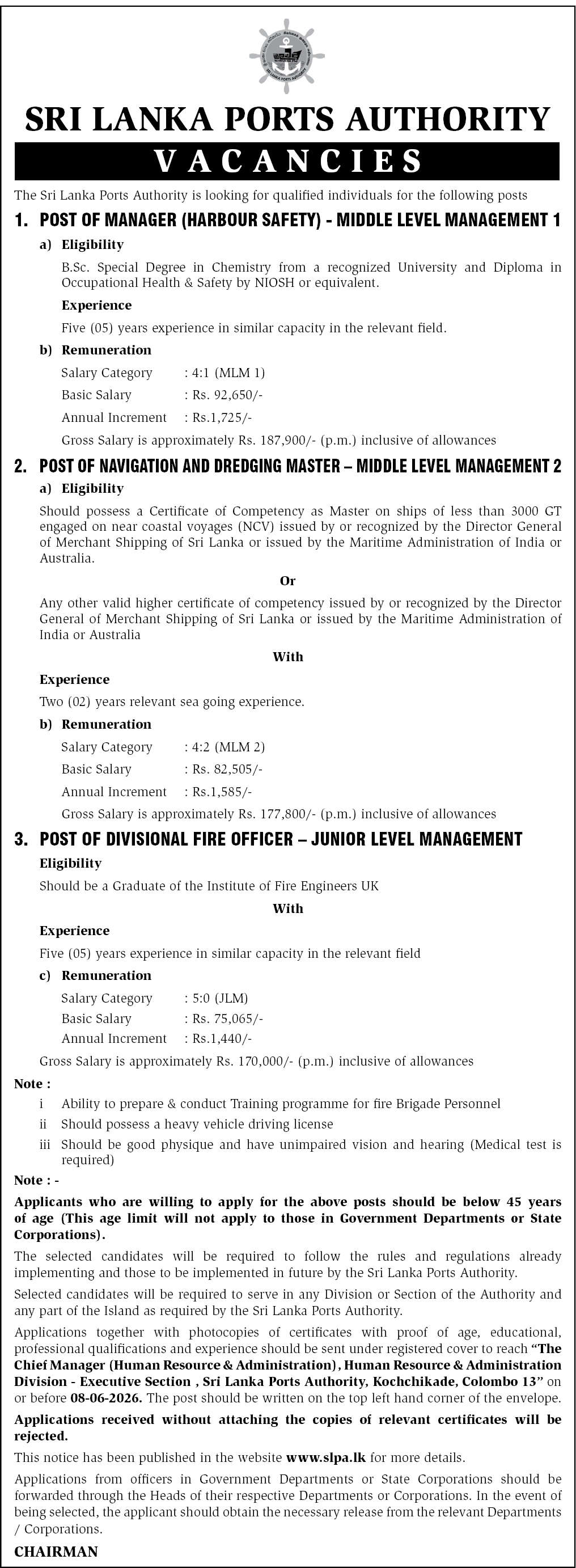 Manager, Navigation & Dredging Master, Divisional Fire Officer - Sri Lanka Ports Authority
