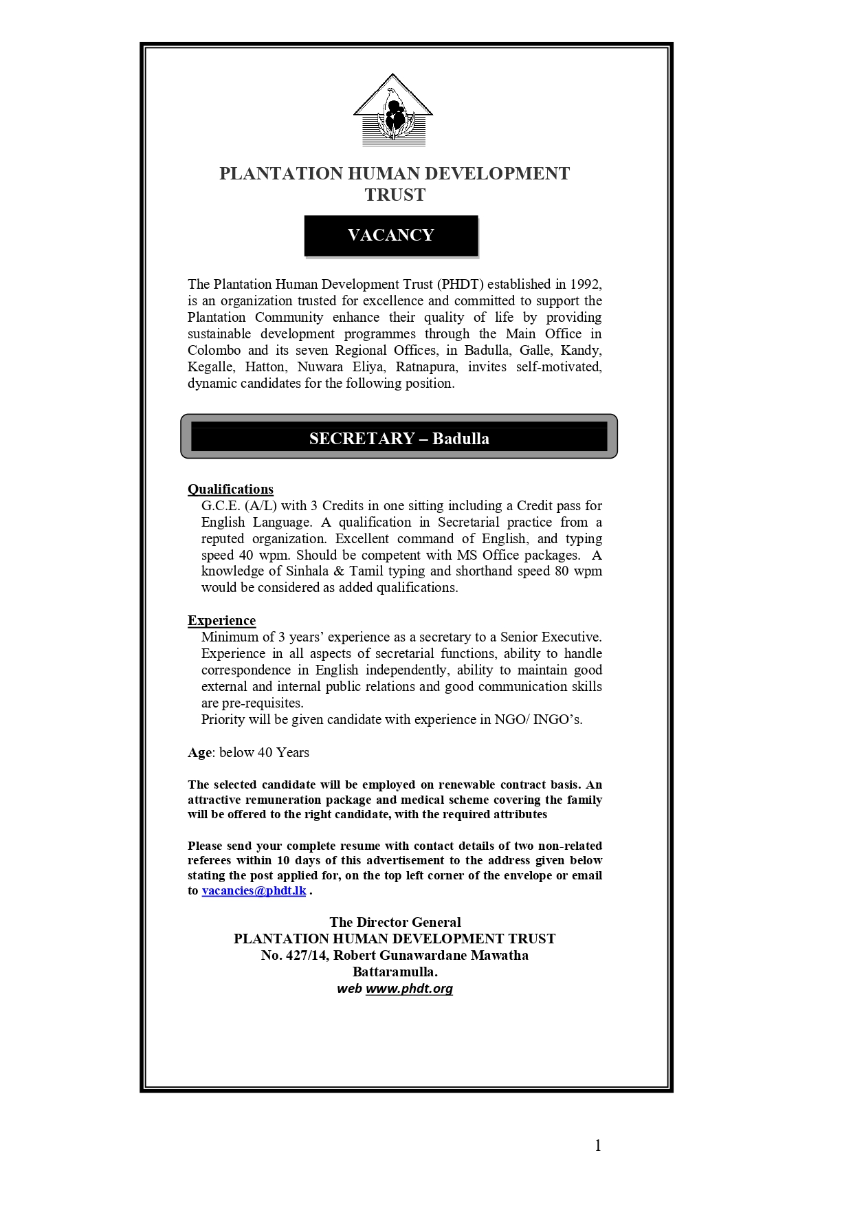 Secretary - Plantation Human Development Trust