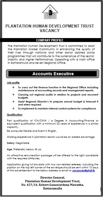 Accounts Executive - Plantation Human Development Trust