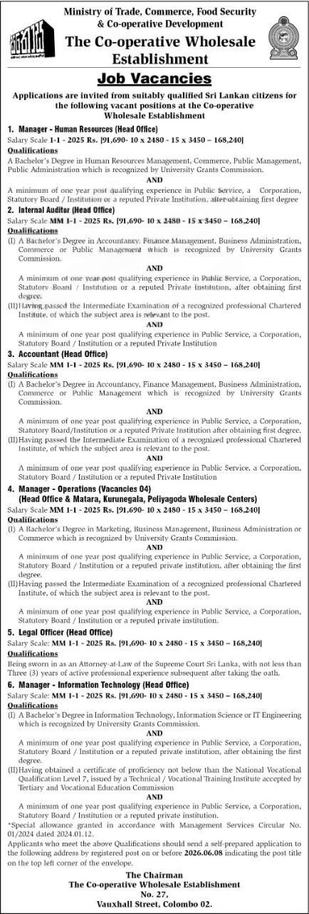 Manager, Accountant, Legal Officer - Lanka Sathosa Ltd