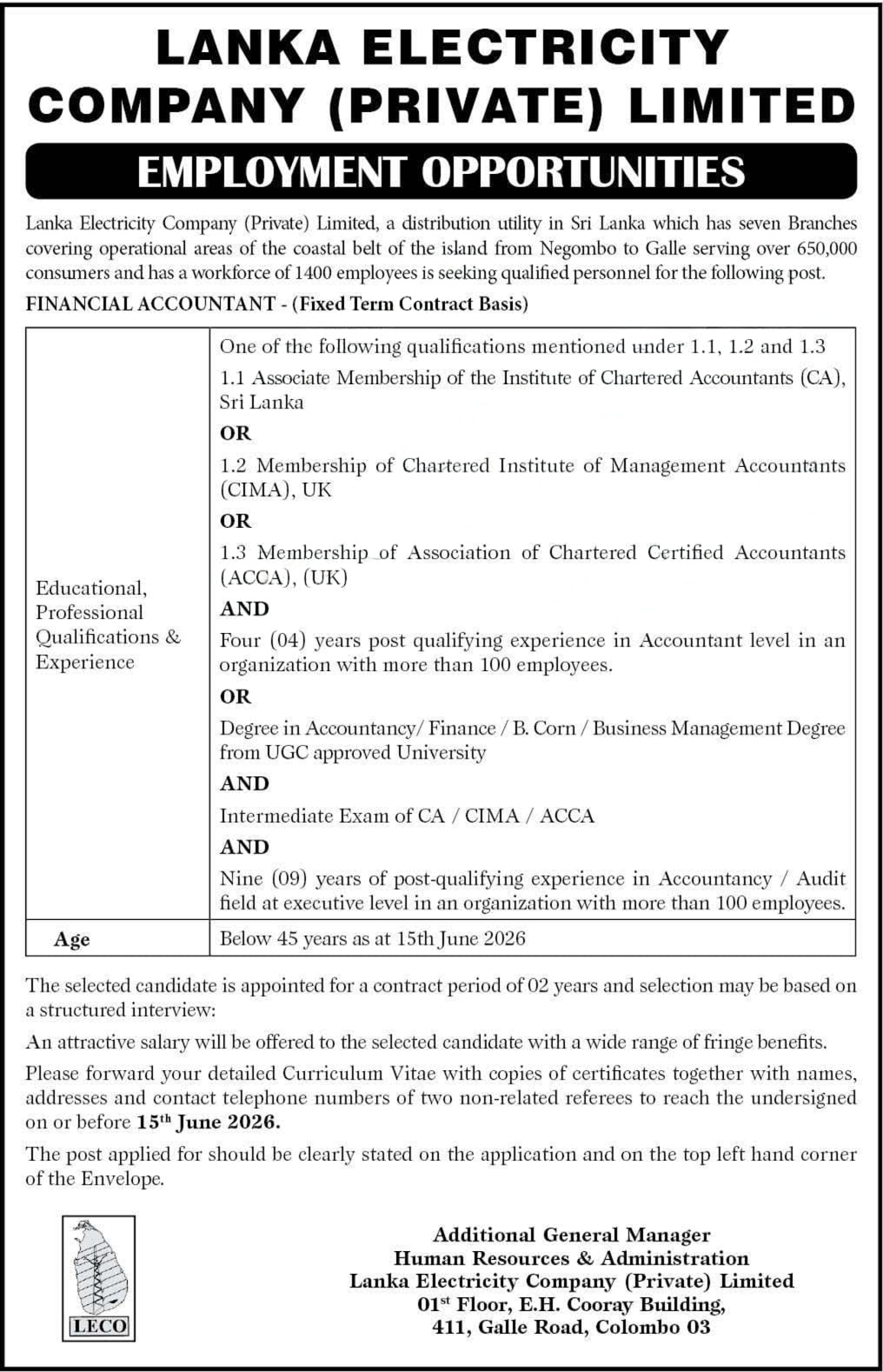 Financial Accountant - Lanka Electricity Company
