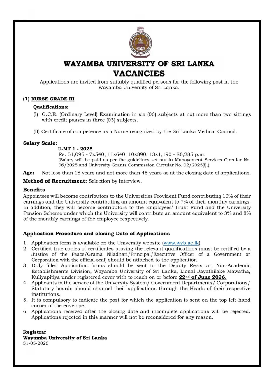 Nurse - Wayamba University of Sri Lanka