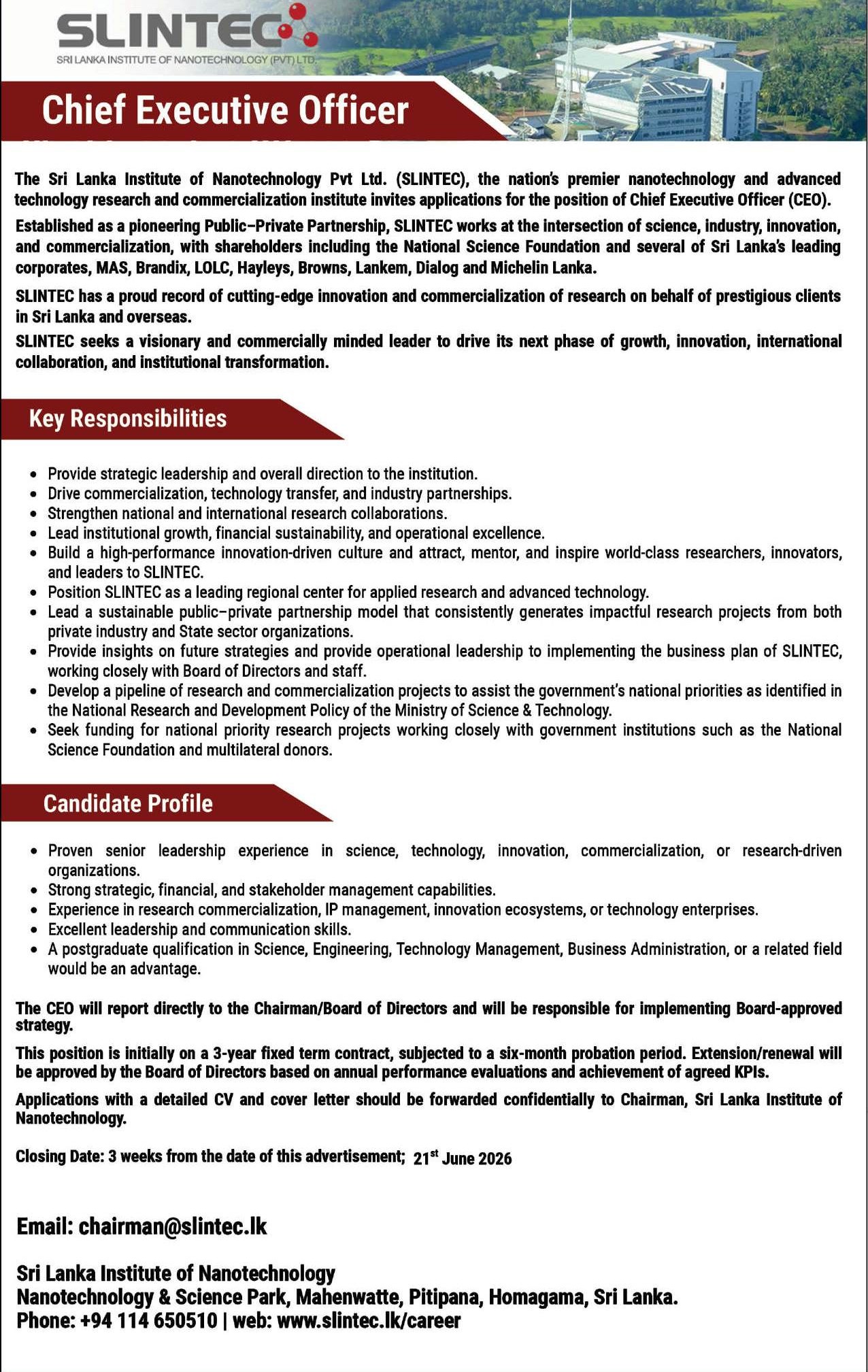 Chief Executive Officer - Sri Lanka Institute of Nanotechnology (Pvt) Ltd