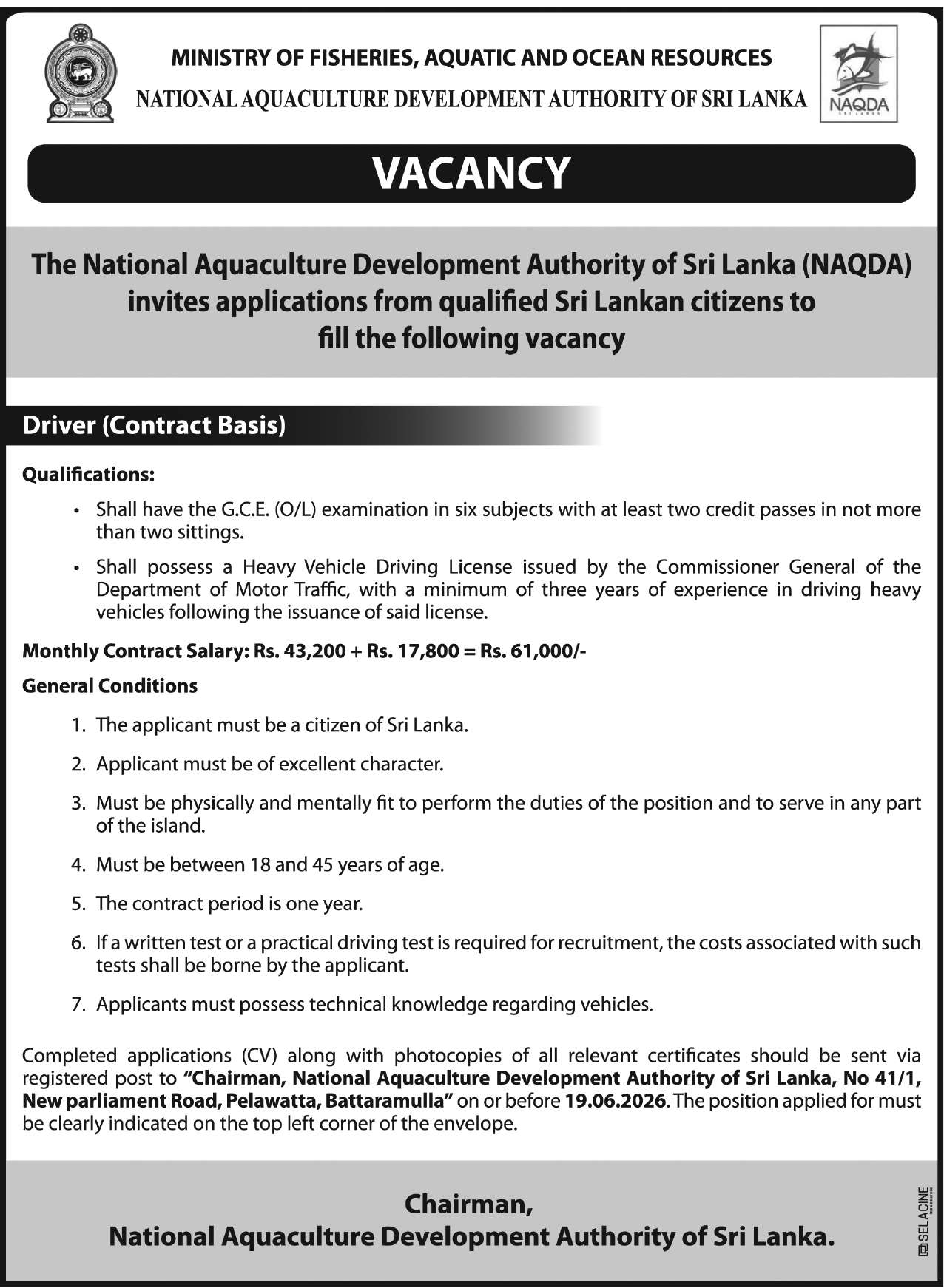 Driver - National Aquaculture Development Authority