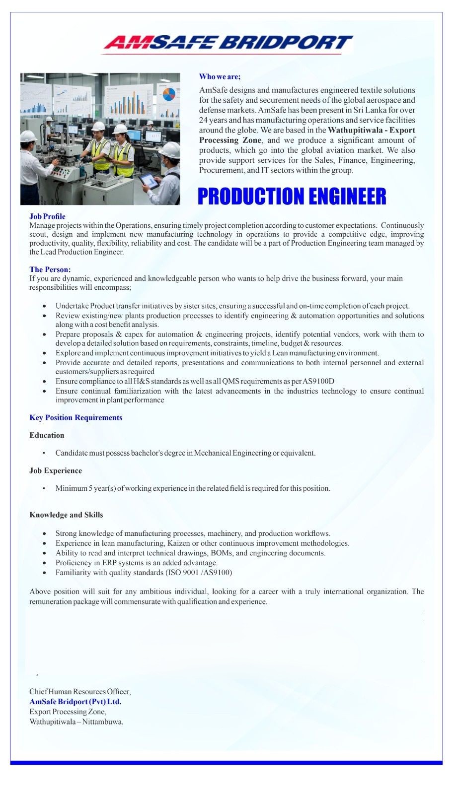 Production Engineer - AmSafe Bridport (Pvt) Ltd