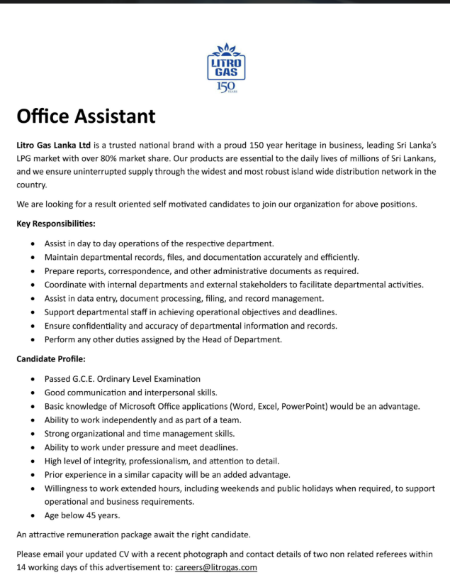 Office Assistant - Litro Gas Lanka Ltd