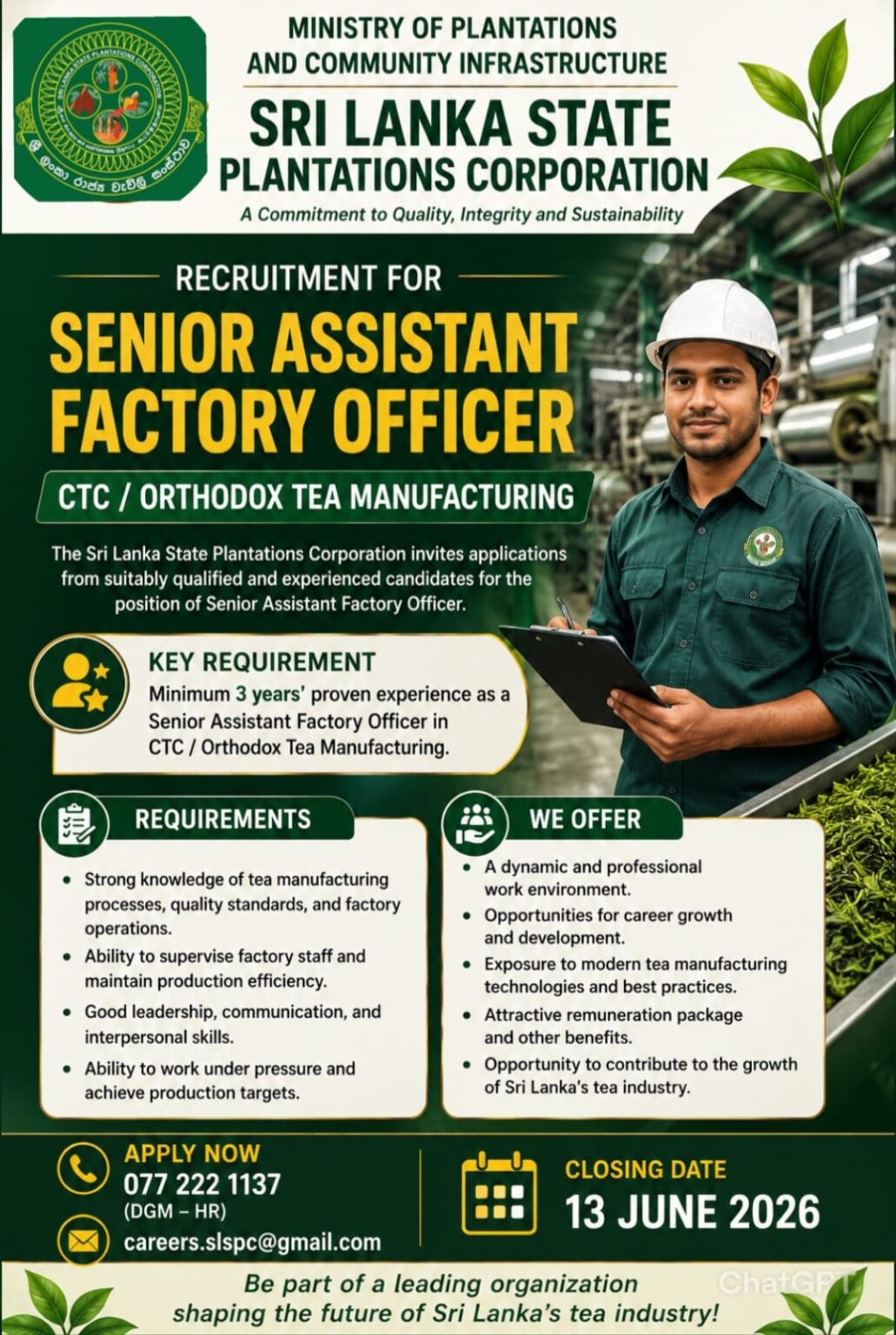 Senior Assistant Factory Officer - Sri Lanka State Plantations Corporation