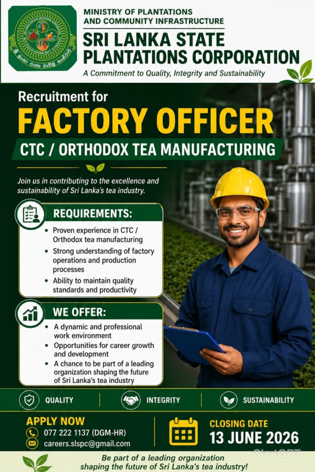 Factory Officer - Sri Lanka State Plantations Corporation