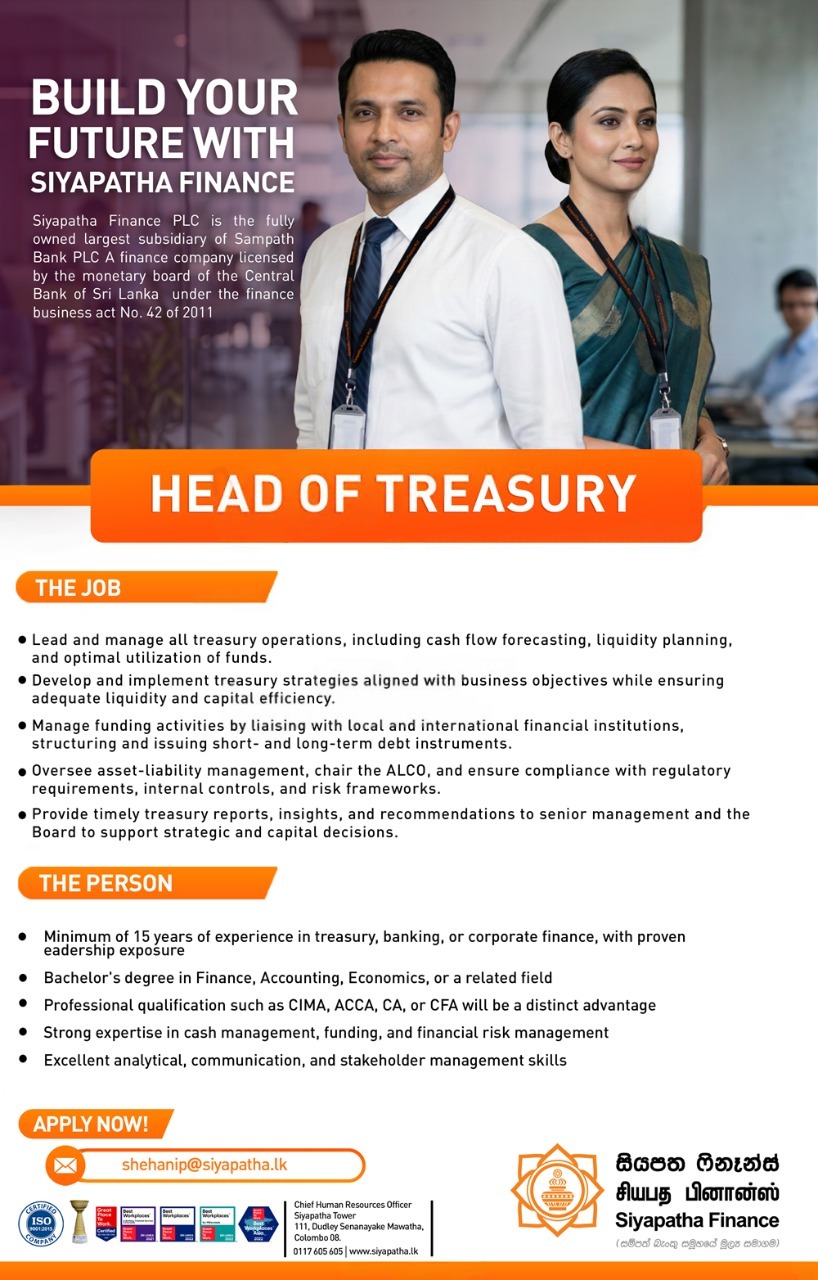 Head of Treasury - Siyapatha Finance PLC