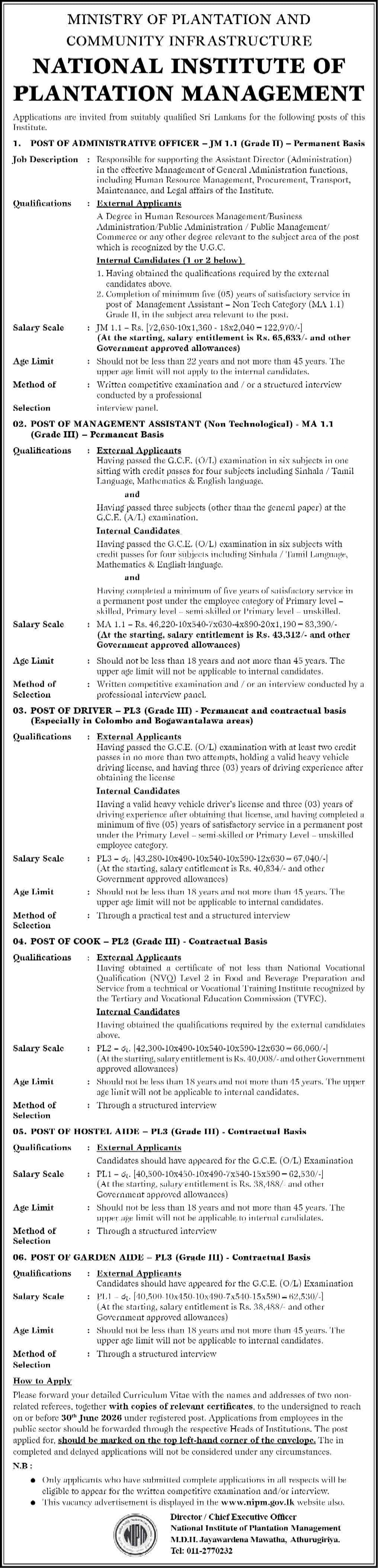 Management Assistant, Administrative Officer, Driver - National Institute of Plantation Management