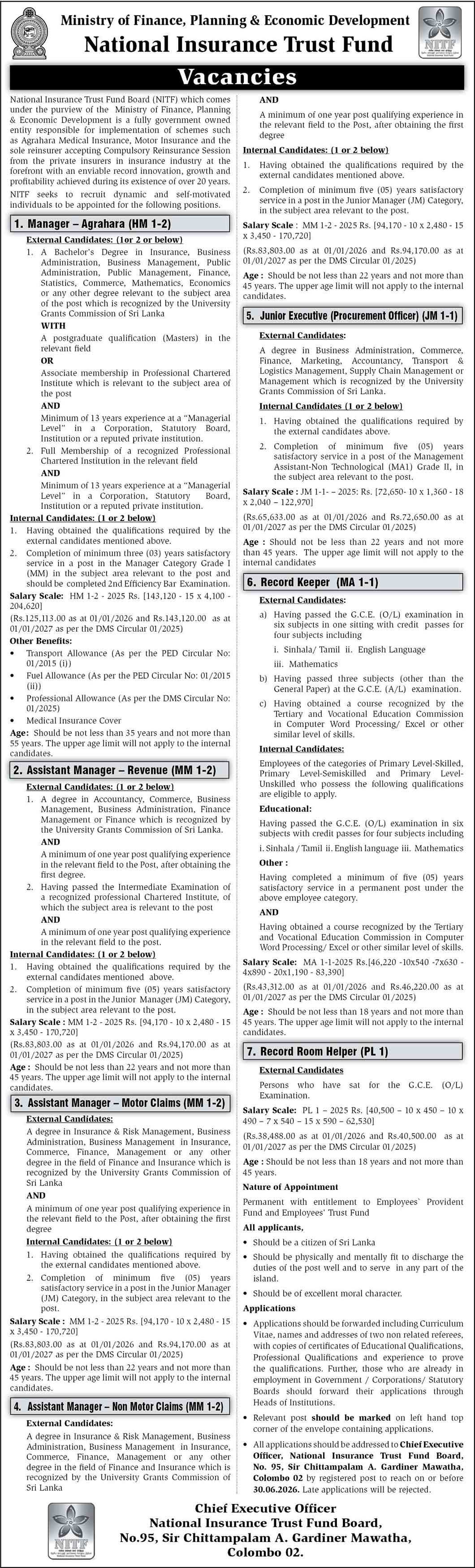 Manager, Assistant Manager, Junior Executive - National Insurance Trust Fund