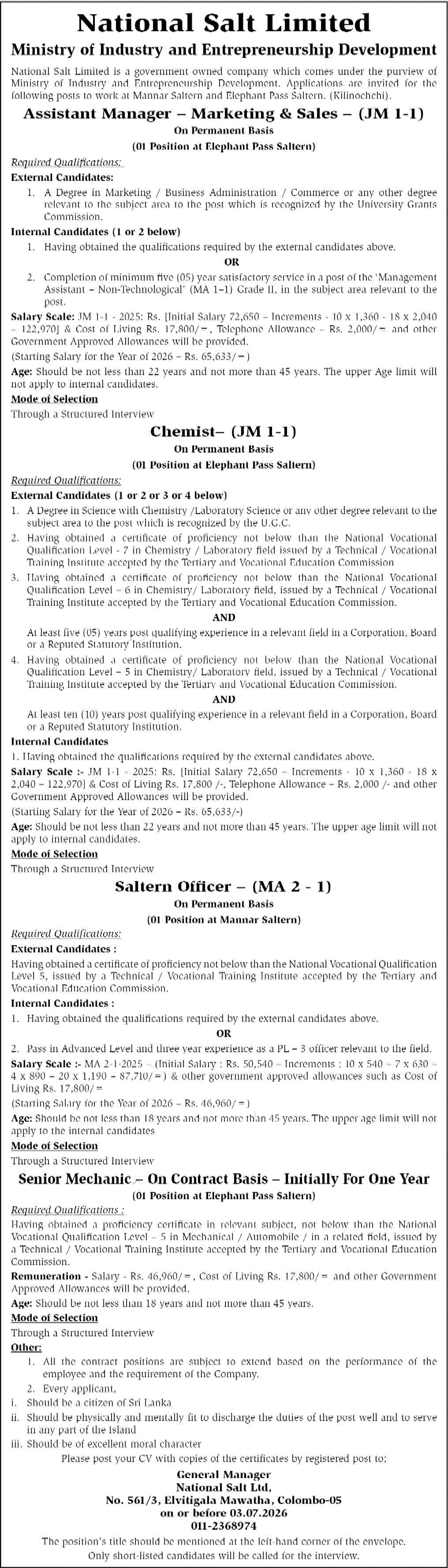 Assistant Manager, Senior Mechanic, Chemist - National Salt Limited