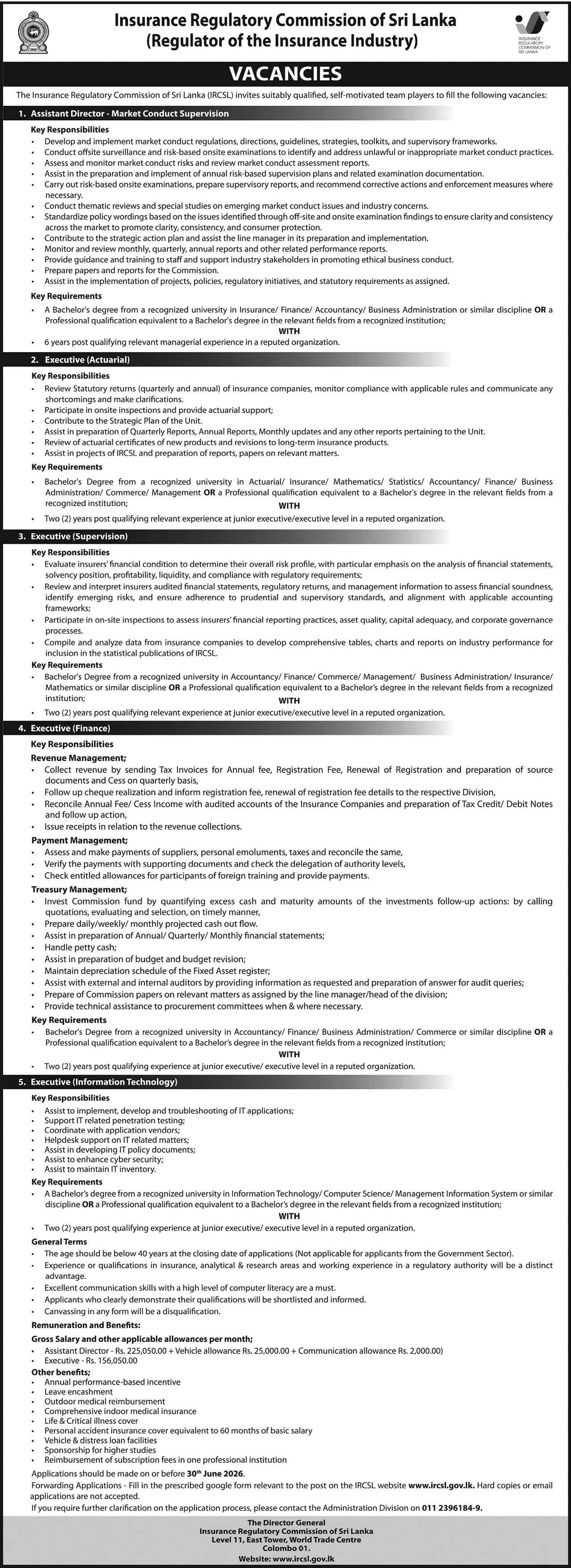 Assistant Director, Executive - Insurance Regulatory Commission of Sri Lanka