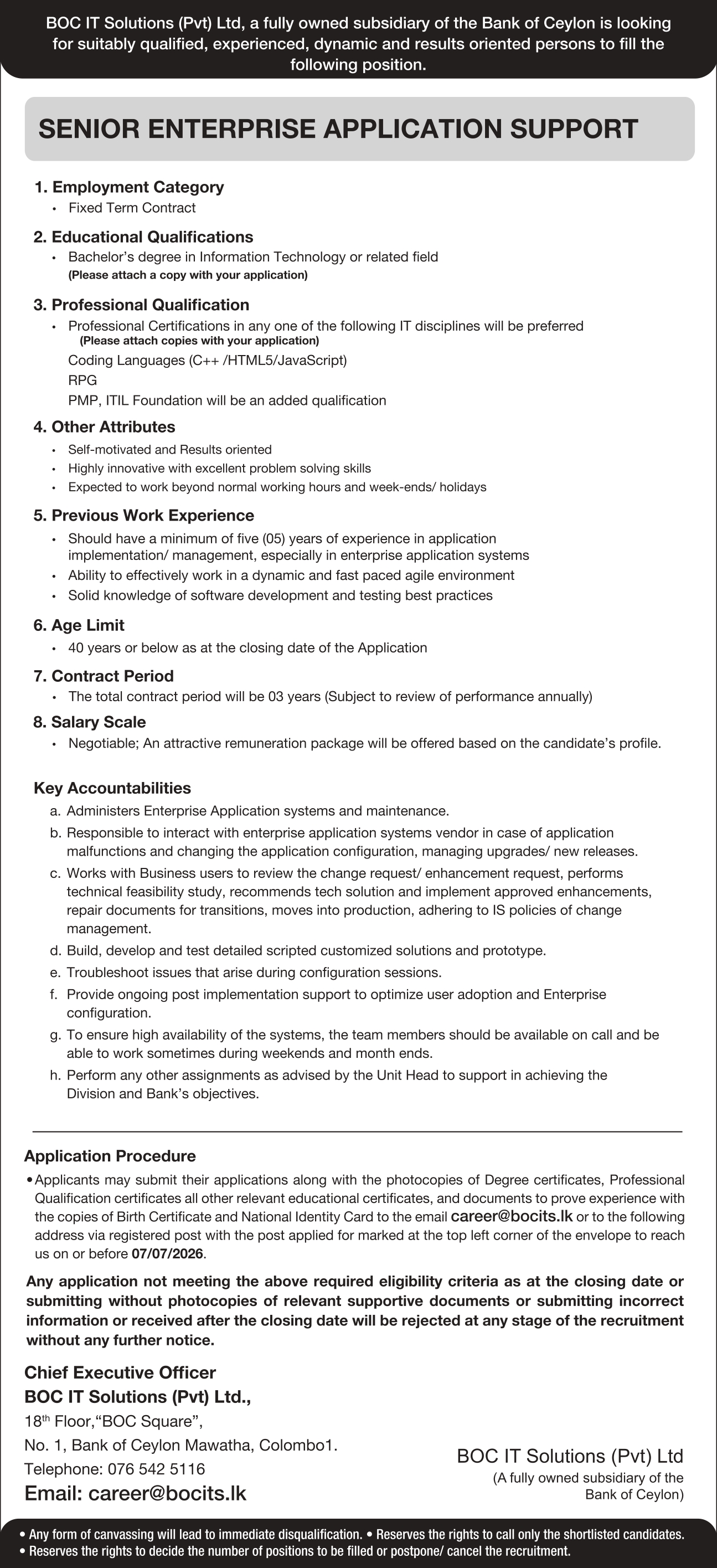 Senior Enterprise Application Support - BOC IT Solutions (Pvt) Ltd