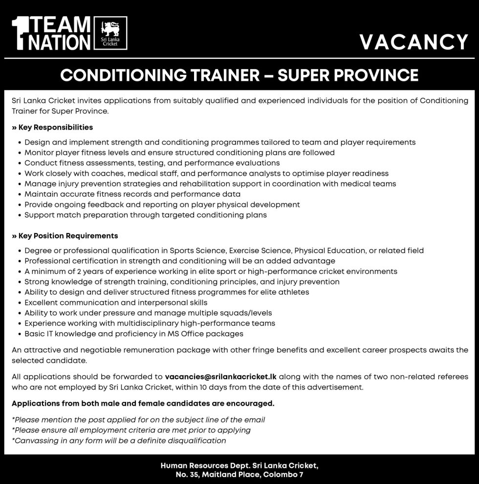 Conditioning Trainer - Sri Lanka Cricket