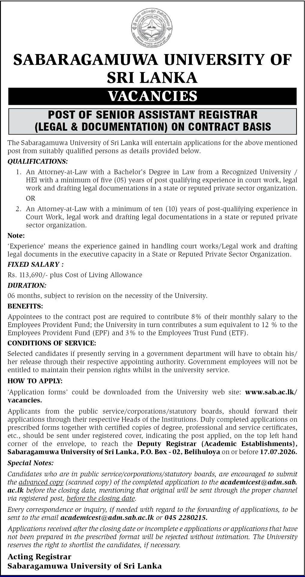 Senior Assistant Registrar - Sabaragamuwa University of Sri Lanka