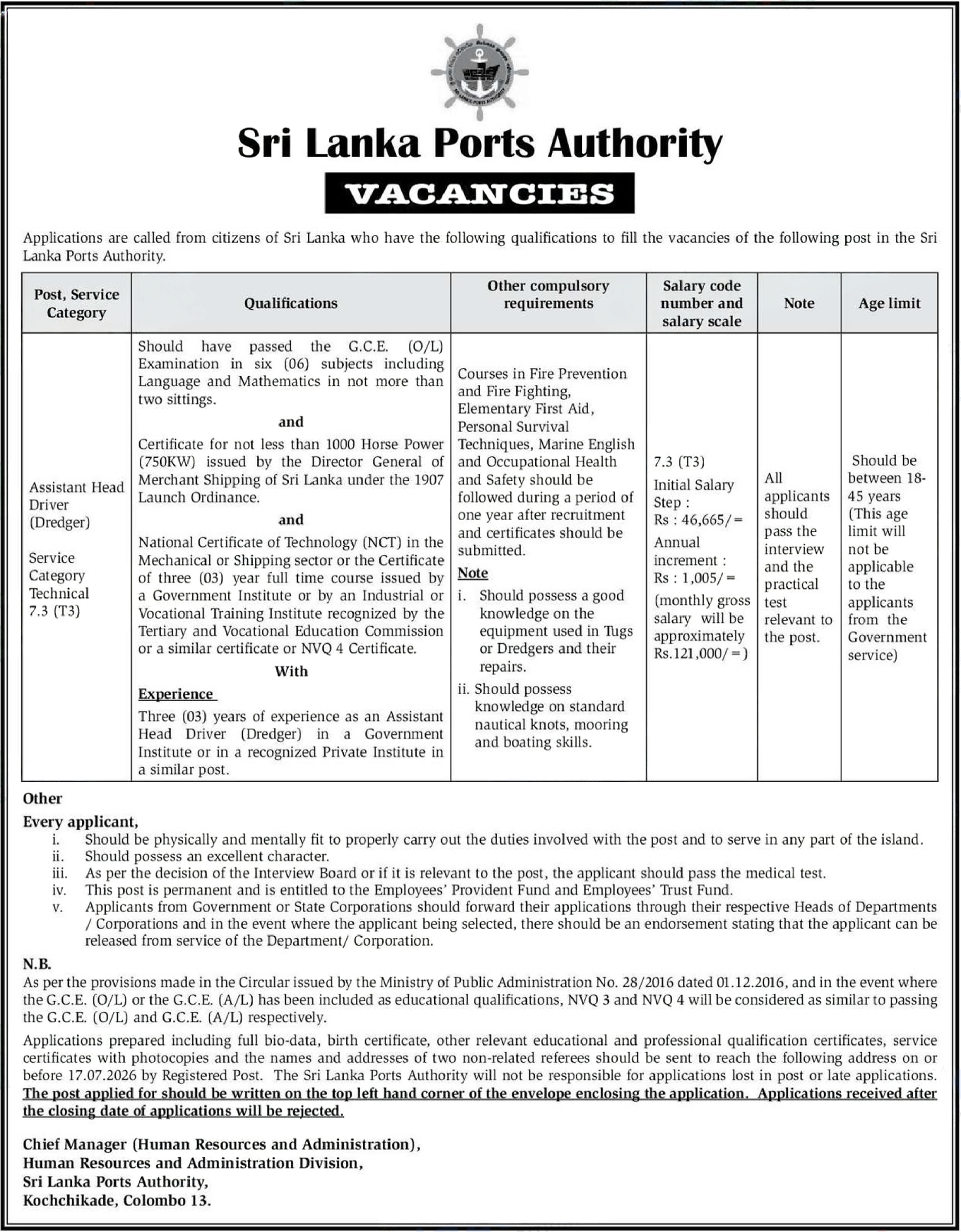 Assistant Head Driver - Sri Lanka Ports Authority