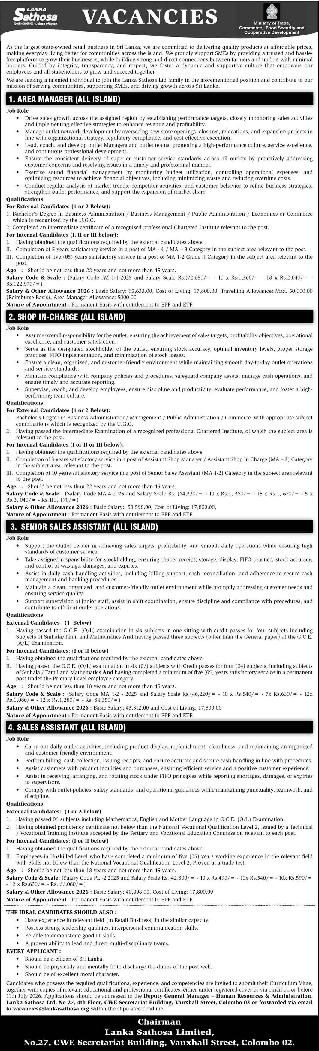 Senior Sales Assistant, Sales Assistant, Area Manager - Lanka Sathosa Limited